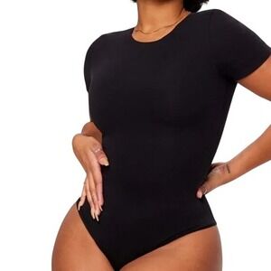Yitty Thong Bodysuit 3X Plus Black Cotton Short Sleeve Crewneck Minimal Layering